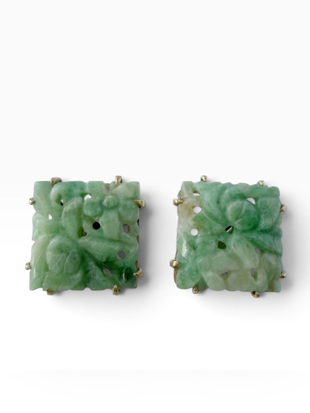 Vintage Carved Floral Green Jadeite Jade Square Stud Earrings